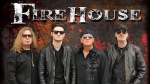 Firehouse band members posing in front of the Firehouse logo