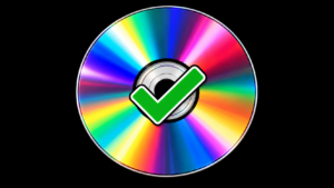 Rainbow-reflecting compact disc with a green check mark